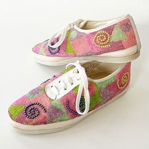 Vtg 90s Colorwerks Beaded LaceUp Sneakers Pink Purple Green Geometric Swirls 8.5